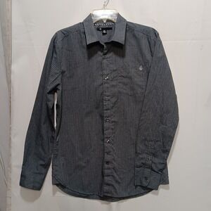 Volcom Button Down Shirt Sz S Gray Blue Stripe Long Sleeve Casual Skate Surf‎